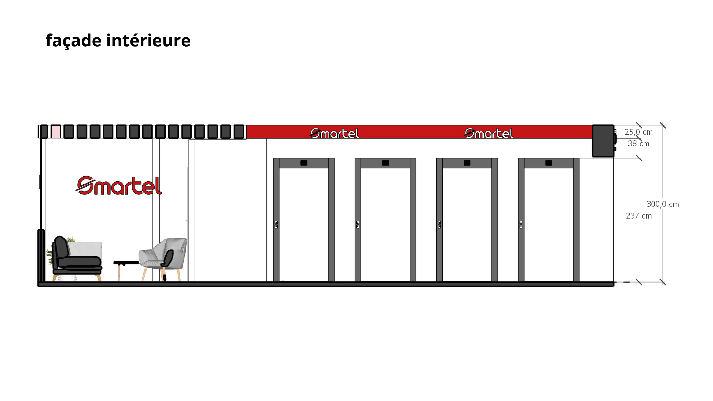 Élévation façade intérieure du stand Smartel avec emplacement des ascenseurs