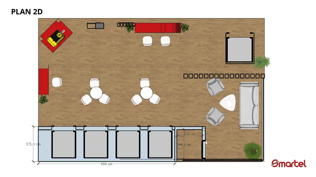 Plans techniques cotés — Vue de dessus, élévations et fiches mobilier — tout documenté au centimètre près.