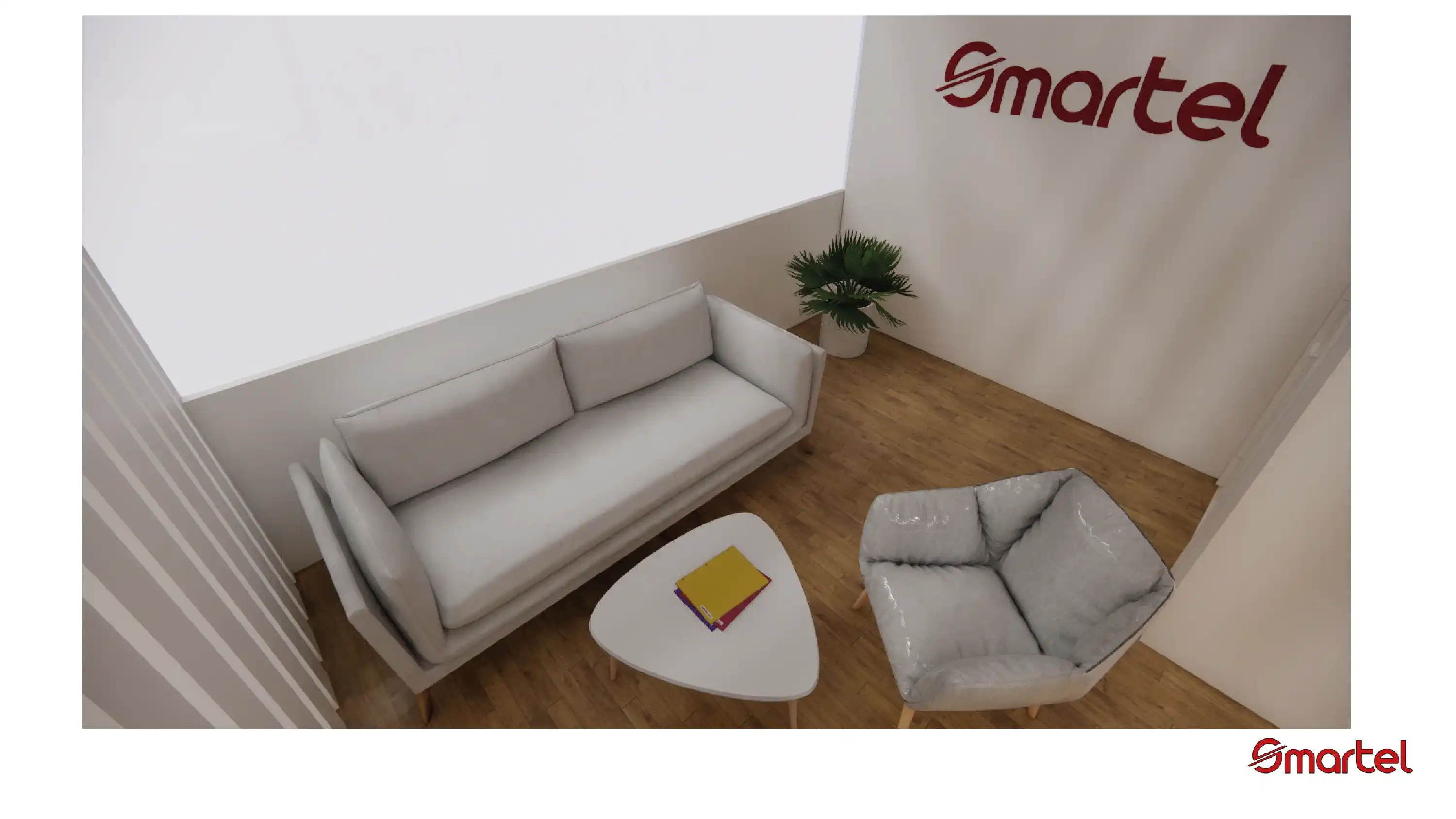 Render 3D de l'espace VIP du stand Smartel avec pergola bois