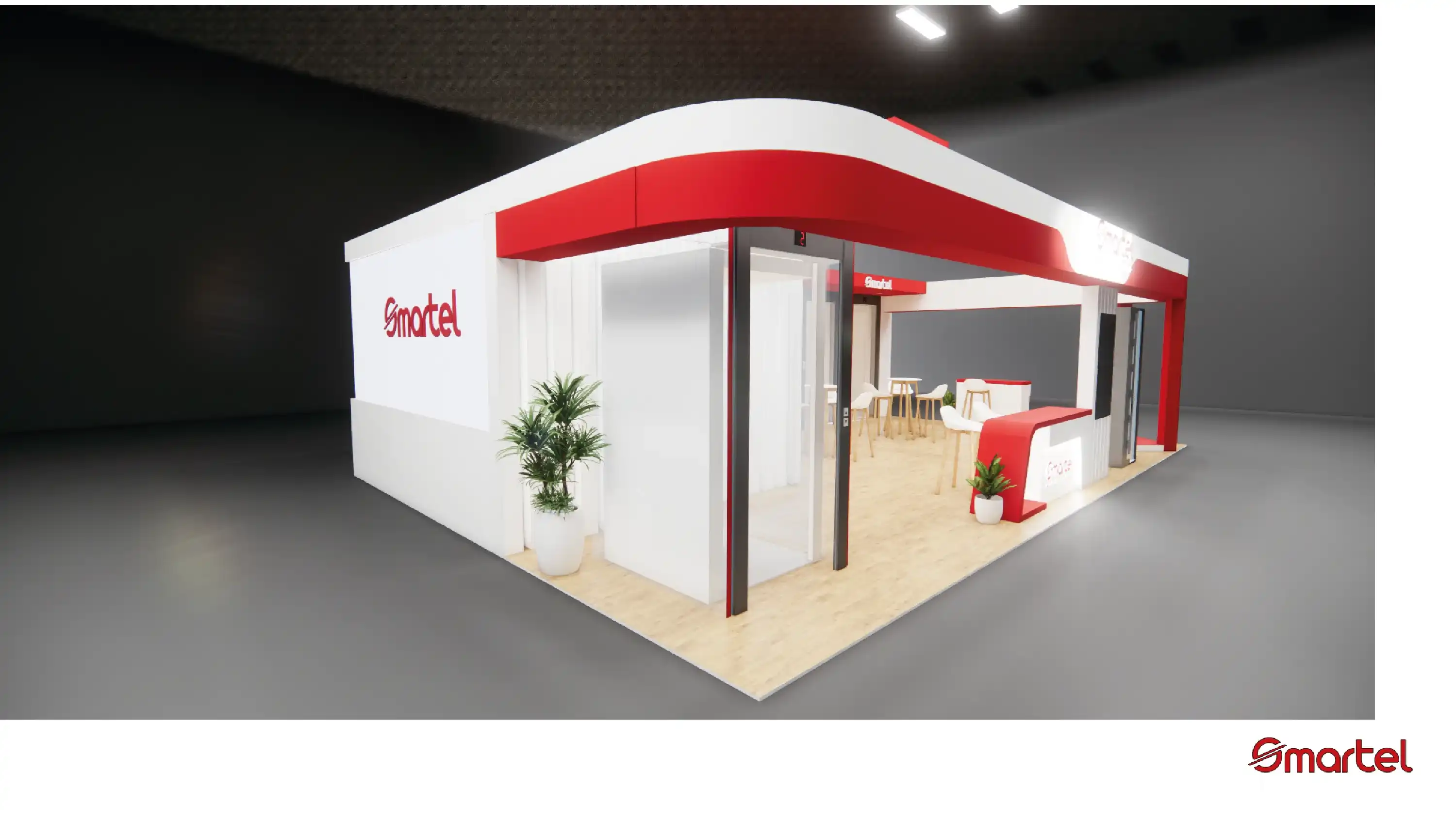 Render 3D du stand Smartel — vue 3/4 face