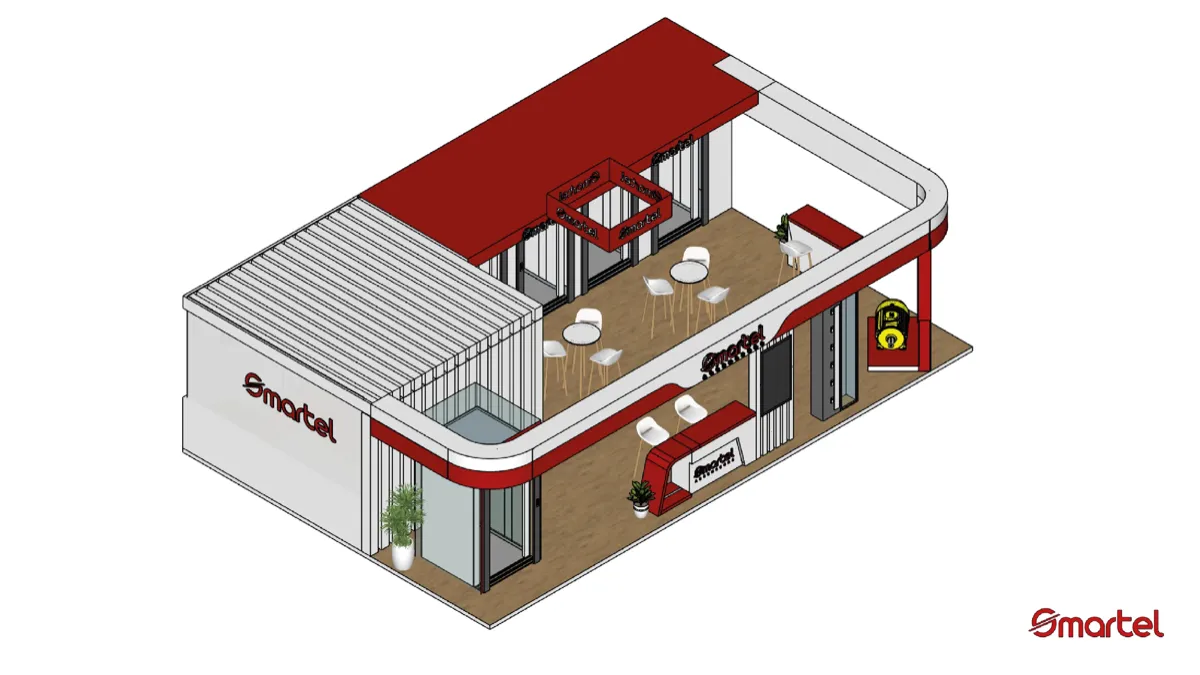 Render 3D isométrique du stand Smartel vu de dessus