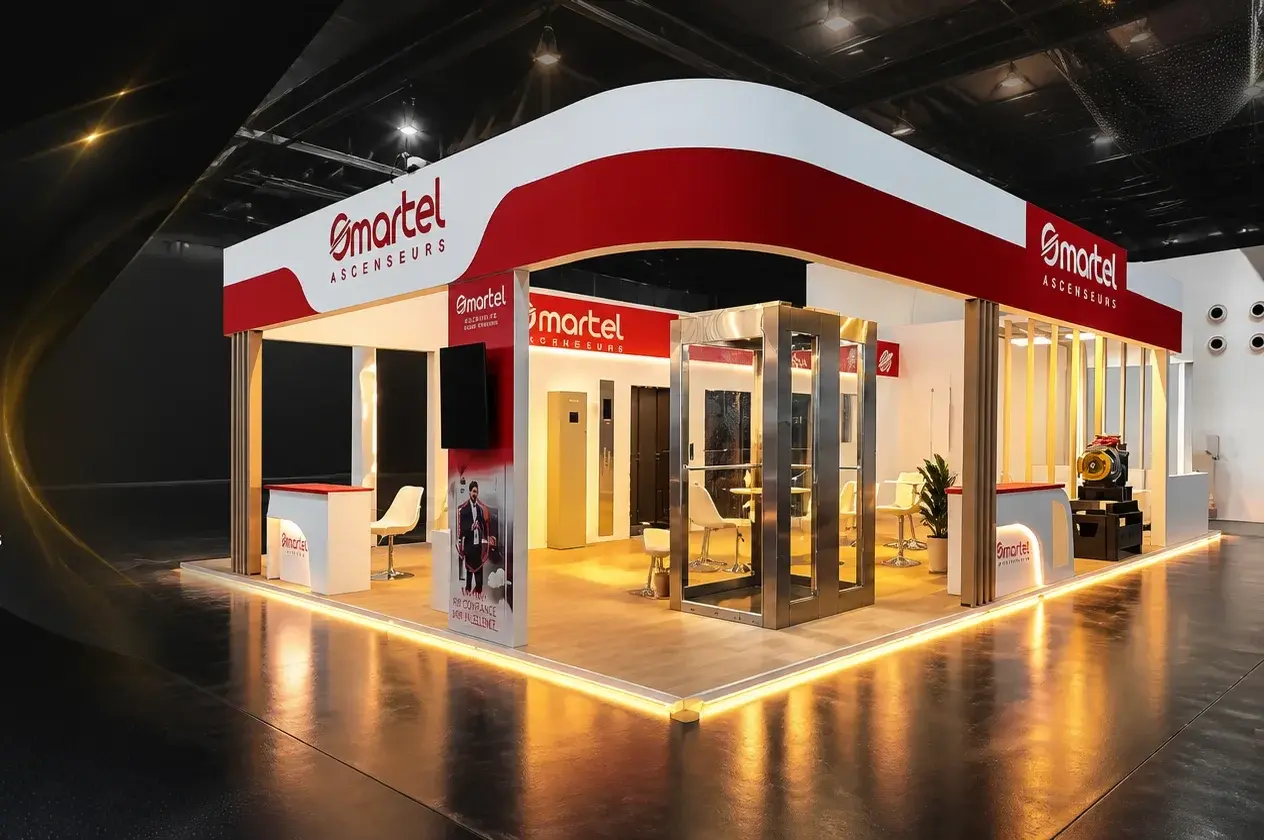 Stand d'exposition Smartel Ascenseurs fabriqué et installé par PLV Algérie à la Foire d'Alger